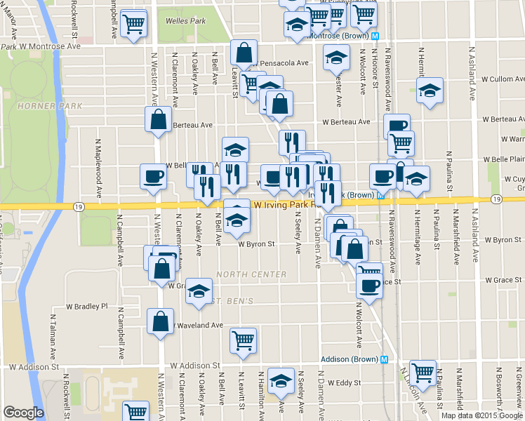 map of restaurants, bars, coffee shops, grocery stores, and more near 3938 North Hamilton Avenue in Chicago