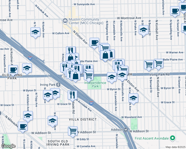 map of restaurants, bars, coffee shops, grocery stores, and more near 3945 North Springfield Avenue in Chicago