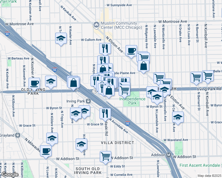 map of restaurants, bars, coffee shops, grocery stores, and more near 3965 Illinois 19 in Chicago