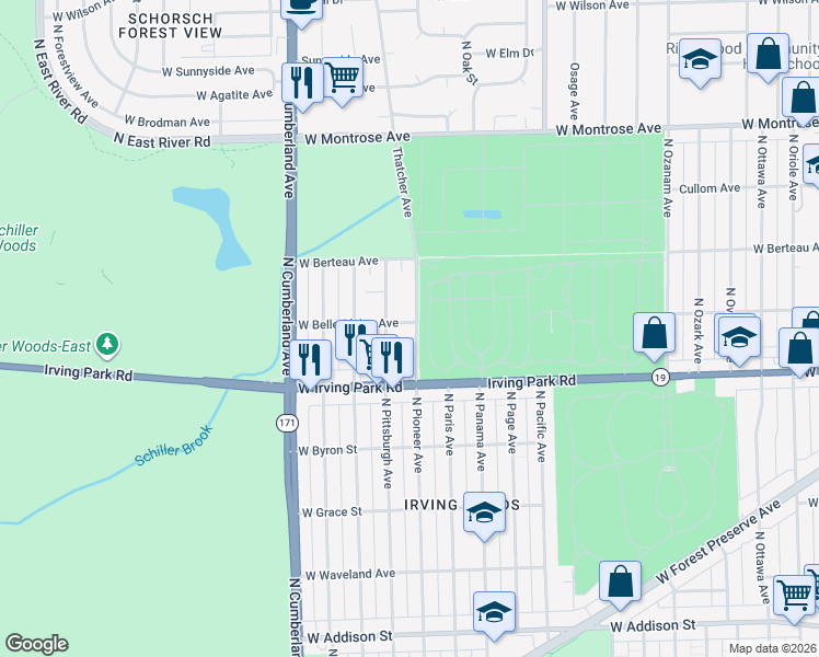 map of restaurants, bars, coffee shops, grocery stores, and more near 4045 North Pittsburgh Avenue in Chicago