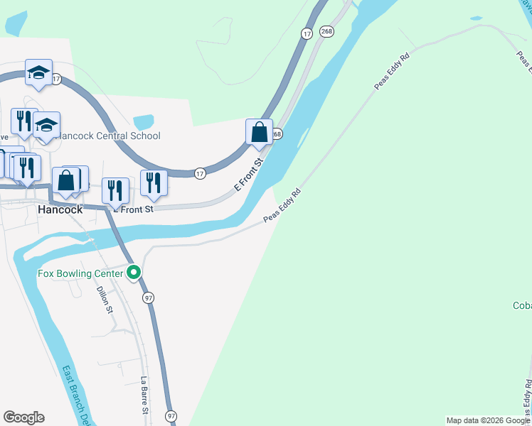map of restaurants, bars, coffee shops, grocery stores, and more near 493 Peas Eddy Road in Hancock