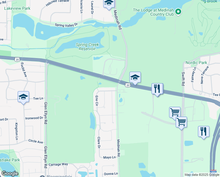 map of restaurants, bars, coffee shops, grocery stores, and more near 135 Huron Drive in Bloomingdale