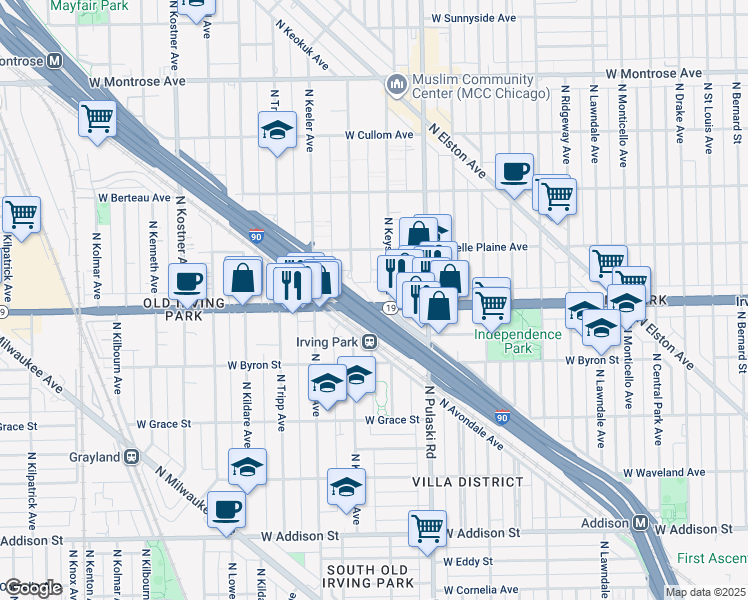 map of restaurants, bars, coffee shops, grocery stores, and more near 4156 West Irving Park Road in Chicago