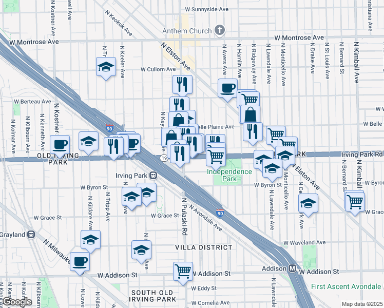map of restaurants, bars, coffee shops, grocery stores, and more near 3940 West Irving Park Road in Chicago