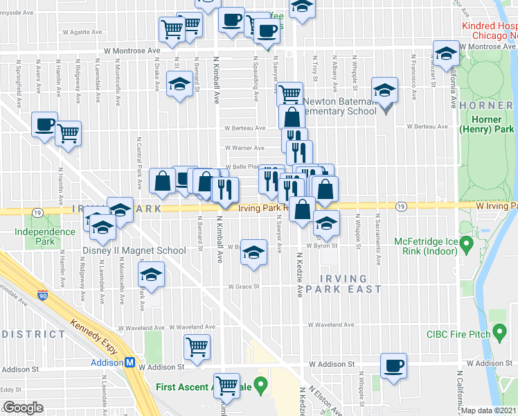 map of restaurants, bars, coffee shops, grocery stores, and more near W Irving Park Rd & N Spaulding Ave in Chicago