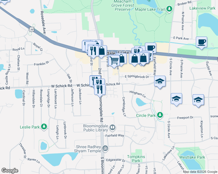 map of restaurants, bars, coffee shops, grocery stores, and more near 146 Canterbury Court in Bloomingdale