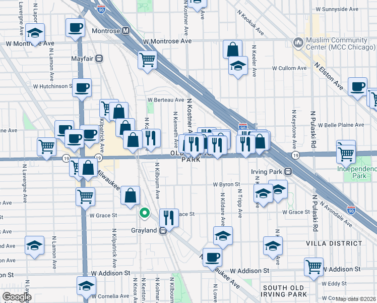 map of restaurants, bars, coffee shops, grocery stores, and more near 4400 West Irving Park Road in Chicago