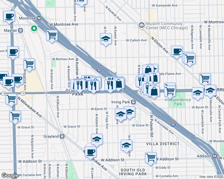 map of restaurants, bars, coffee shops, grocery stores, and more near 4223 Illinois 19 in Chicago