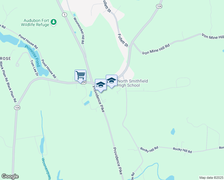map of restaurants, bars, coffee shops, grocery stores, and more near 412 Greenville Road in North Smithfield
