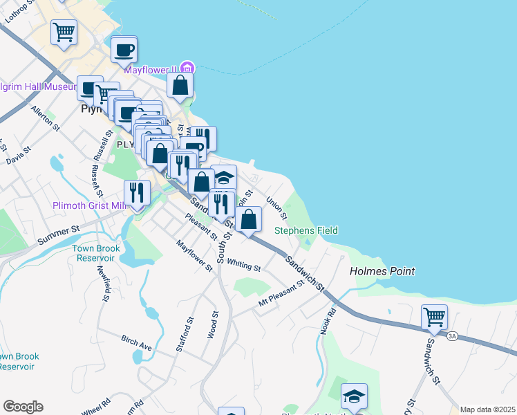 map of restaurants, bars, coffee shops, grocery stores, and more near 20 Fremont Street in Plymouth