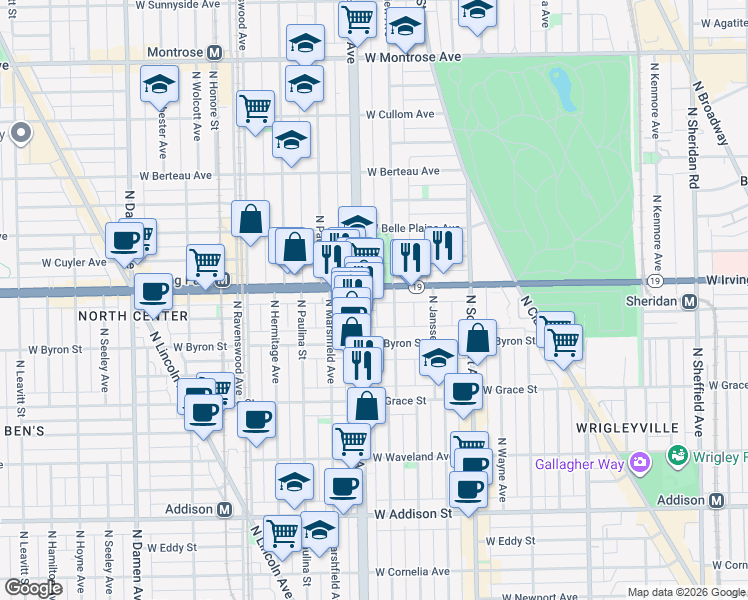 map of restaurants, bars, coffee shops, grocery stores, and more near 1521 West Irving Park Road in Chicago