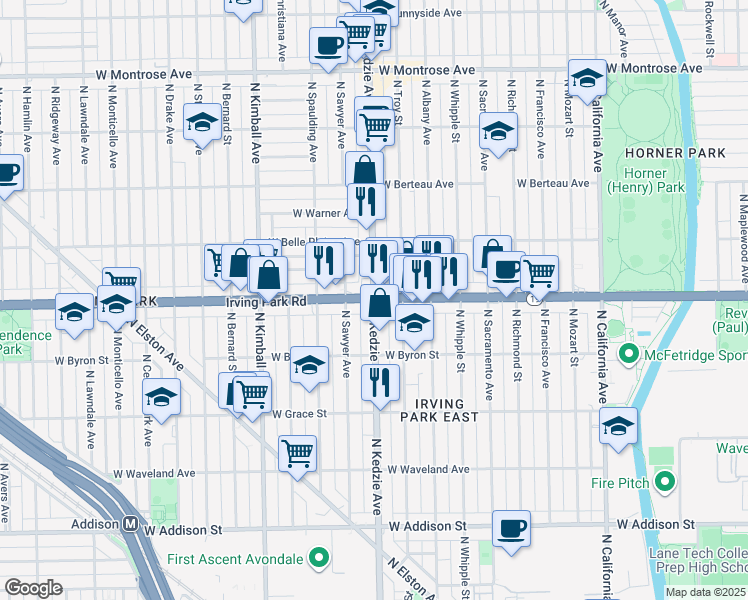 map of restaurants, bars, coffee shops, grocery stores, and more near W Irving Park Rd & N Kedzie Ave in Chicago