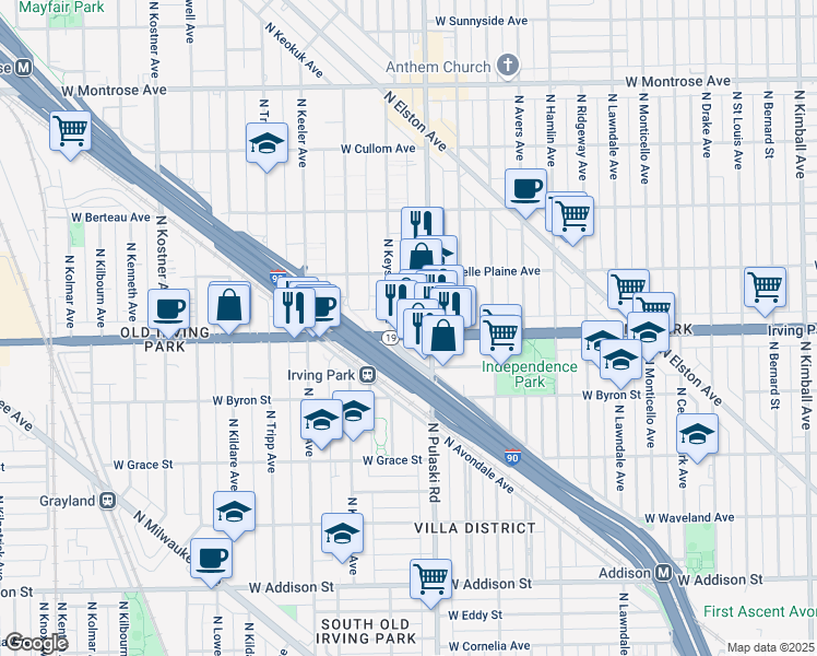 map of restaurants, bars, coffee shops, grocery stores, and more near 4039 Irving Park Road in Chicago