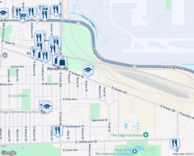 map of restaurants, bars, coffee shops, grocery stores, and more near 345 East Green Street in Bensenville