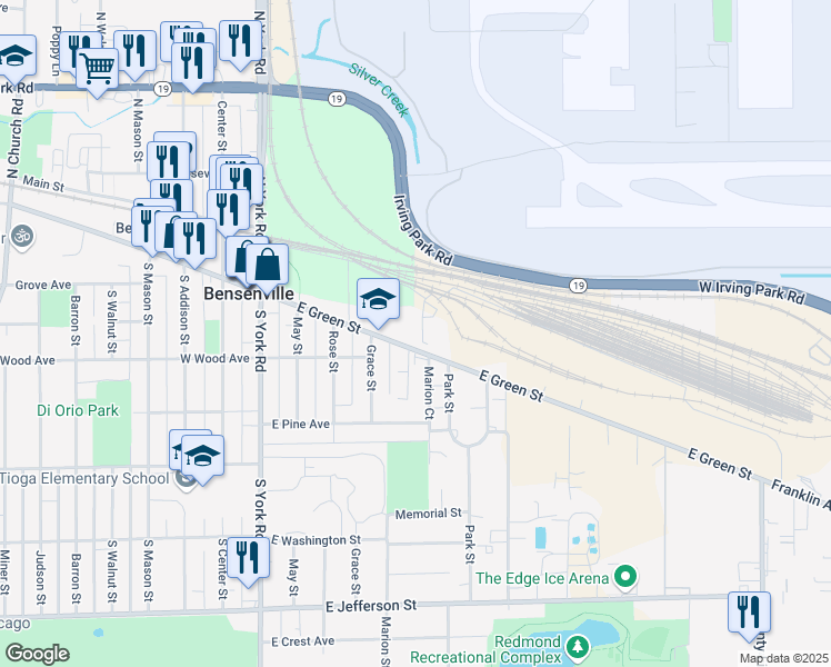 map of restaurants, bars, coffee shops, grocery stores, and more near 345 East Green Street in Bensenville