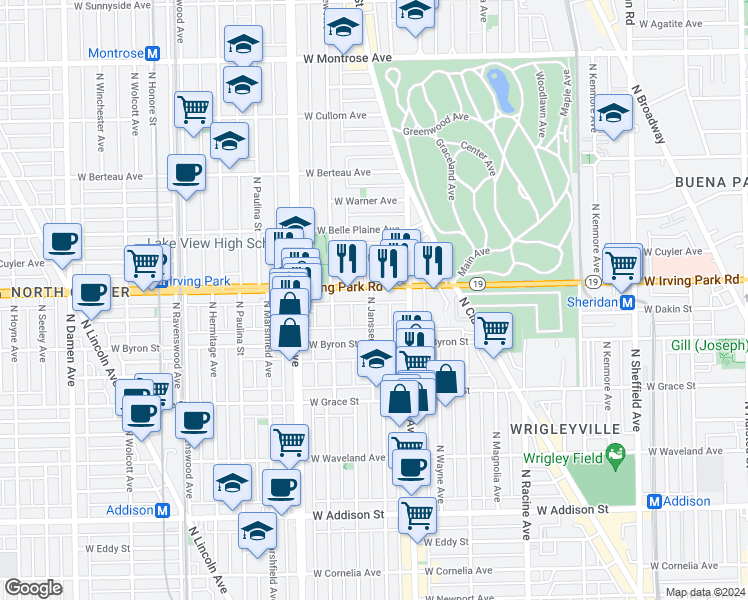 map of restaurants, bars, coffee shops, grocery stores, and more near 3943 1/2 North Janssen Avenue in Chicago