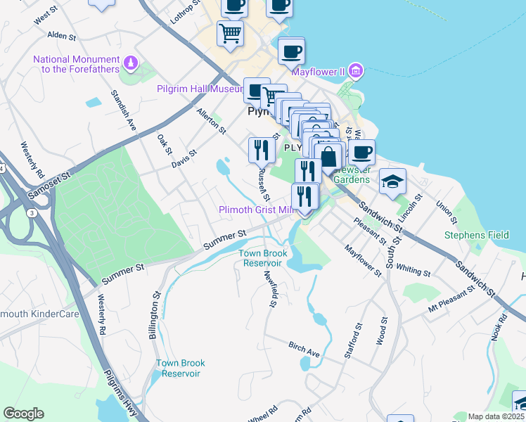 map of restaurants, bars, coffee shops, grocery stores, and more near 35 Edes Street in Plymouth