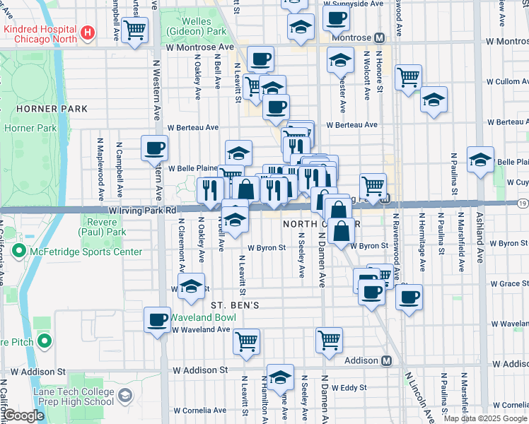 map of restaurants, bars, coffee shops, grocery stores, and more near 3938 North Hamilton Avenue in Chicago