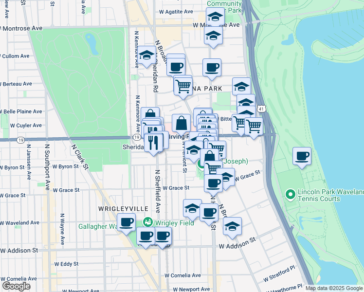 map of restaurants, bars, coffee shops, grocery stores, and more near 903 West Dakin Street in Chicago