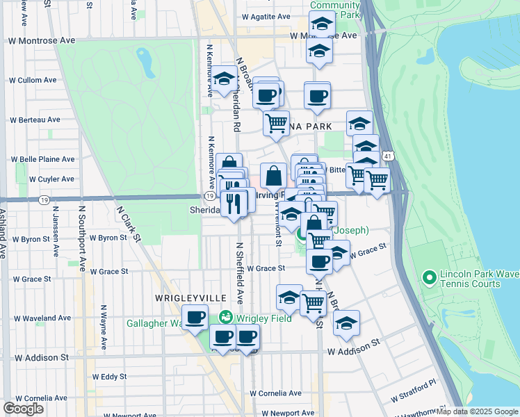 map of restaurants, bars, coffee shops, grocery stores, and more near 903 West Dakin Street in Chicago