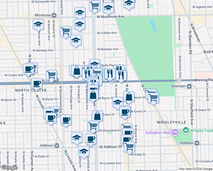 map of restaurants, bars, coffee shops, grocery stores, and more near 1467 West Irving Park Road in Chicago