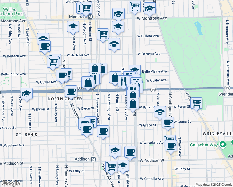 map of restaurants, bars, coffee shops, grocery stores, and more near 3934 North Paulina Street in Chicago