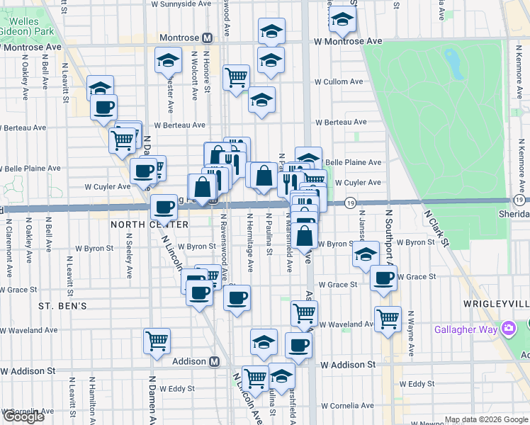 map of restaurants, bars, coffee shops, grocery stores, and more near 3934 North Paulina Street in Chicago