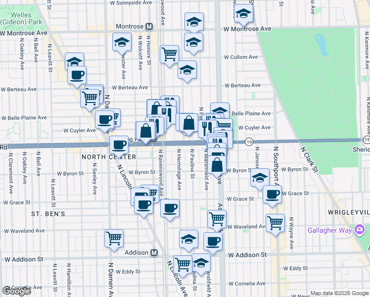 map of restaurants, bars, coffee shops, grocery stores, and more near 3934 North Paulina Street in Chicago