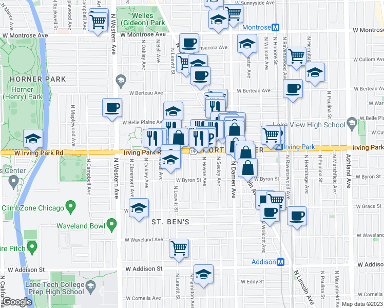 map of restaurants, bars, coffee shops, grocery stores, and more near 3938 North Hamilton Avenue in Chicago