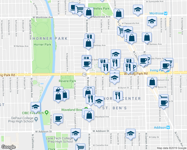 map of restaurants, bars, coffee shops, grocery stores, and more near 3943 North Claremont Avenue in Chicago