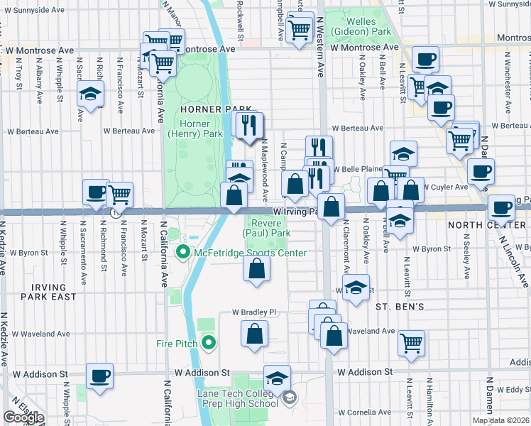 map of restaurants, bars, coffee shops, grocery stores, and more near 2501 Illinois 19 in Chicago