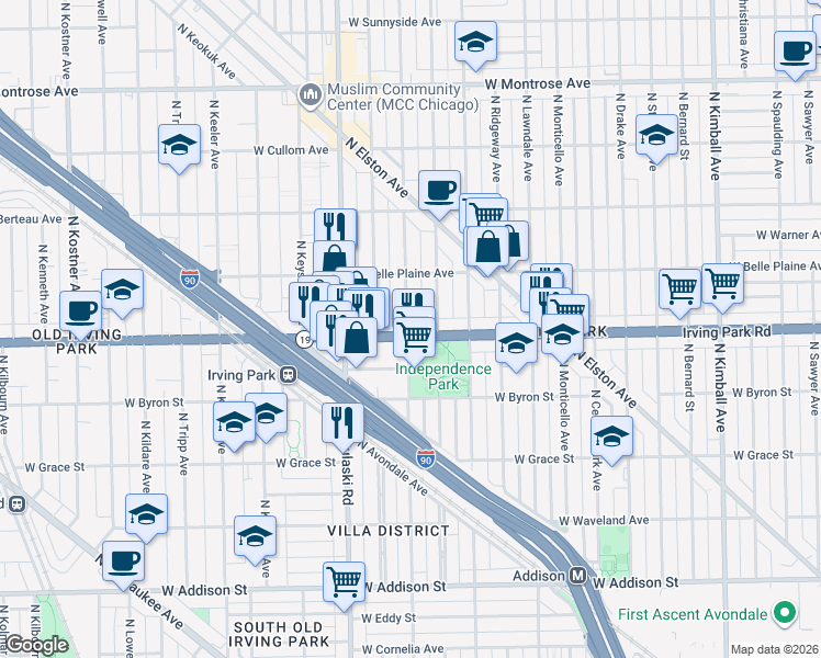 map of restaurants, bars, coffee shops, grocery stores, and more near 3945 North Springfield Avenue in Chicago