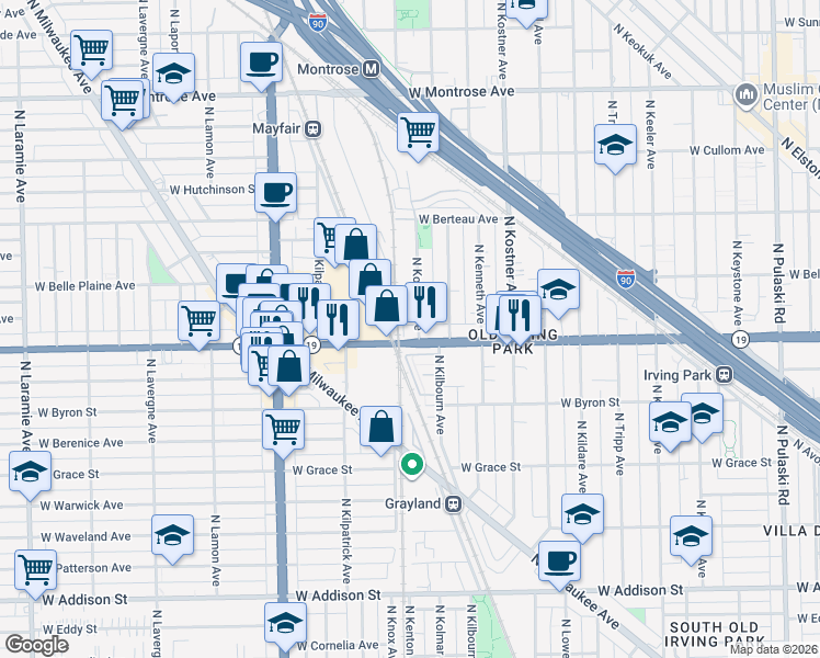 map of restaurants, bars, coffee shops, grocery stores, and more near 4543 Illinois 19 in Chicago