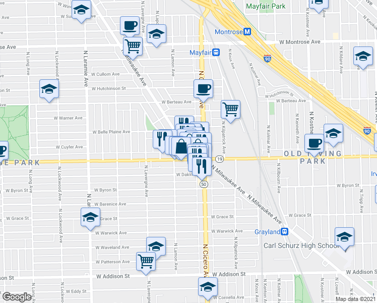 map of restaurants, bars, coffee shops, grocery stores, and more near 4828 Illinois 19 in Chicago