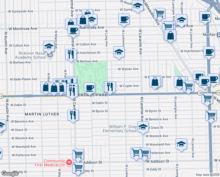 map of restaurants, bars, coffee shops, grocery stores, and more near 5358 Irving Park Road in Chicago