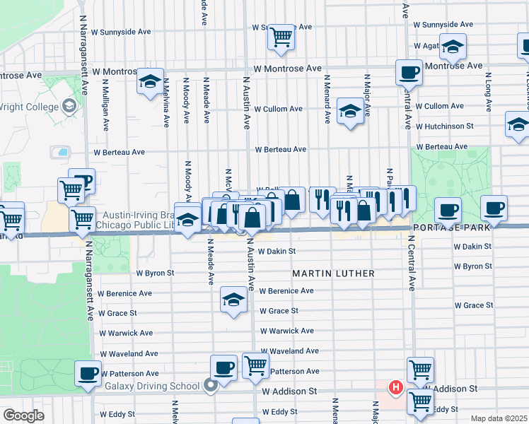 map of restaurants, bars, coffee shops, grocery stores, and more near 4017 North Mason Avenue in Chicago