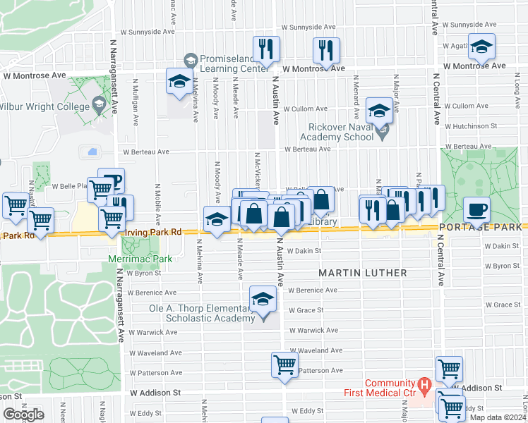 map of restaurants, bars, coffee shops, grocery stores, and more near 4012 North Austin Avenue in Chicago