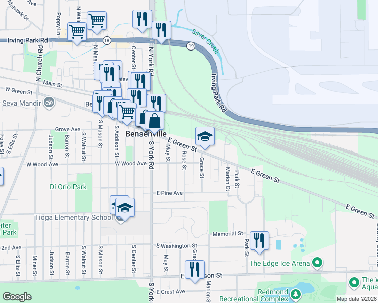 map of restaurants, bars, coffee shops, grocery stores, and more near 192 Grace Street in Bensenville