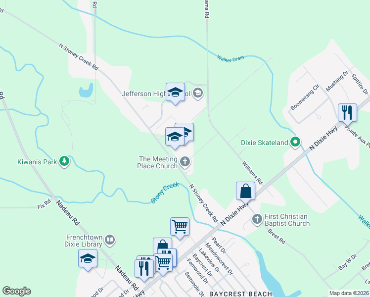 map of restaurants, bars, coffee shops, grocery stores, and more near 5102 North Stoney Creek Road in Monroe