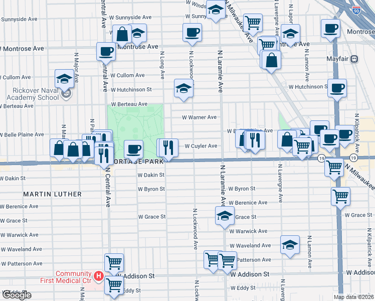 map of restaurants, bars, coffee shops, grocery stores, and more near 5320 Illinois 19 in Chicago