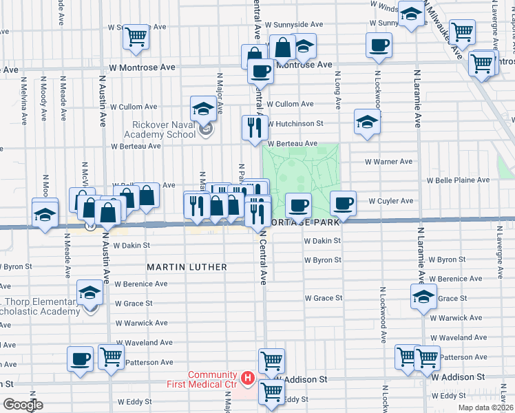 map of restaurants, bars, coffee shops, grocery stores, and more near 5620 Irving Park Road in Chicago