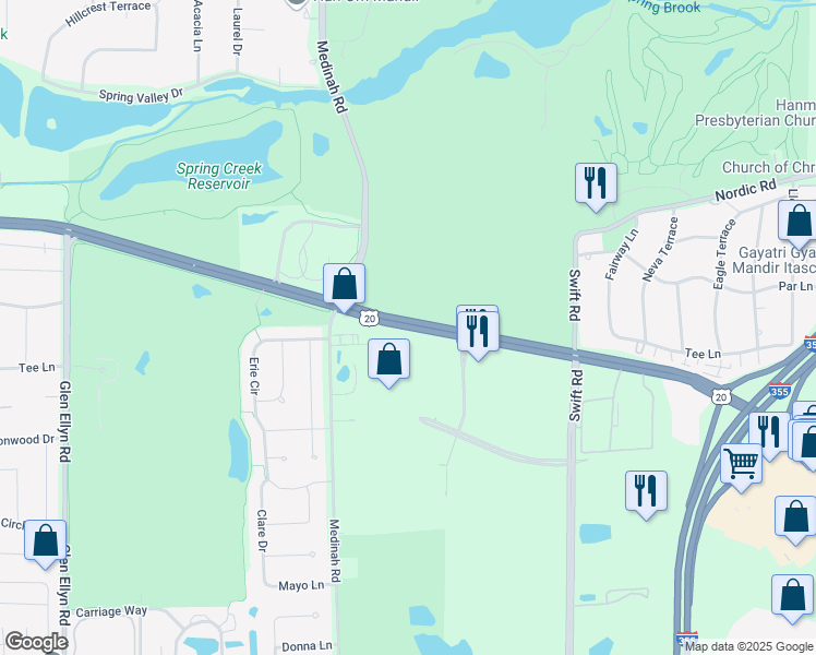 map of restaurants, bars, coffee shops, grocery stores, and more near 2349 Lake Street in Addison