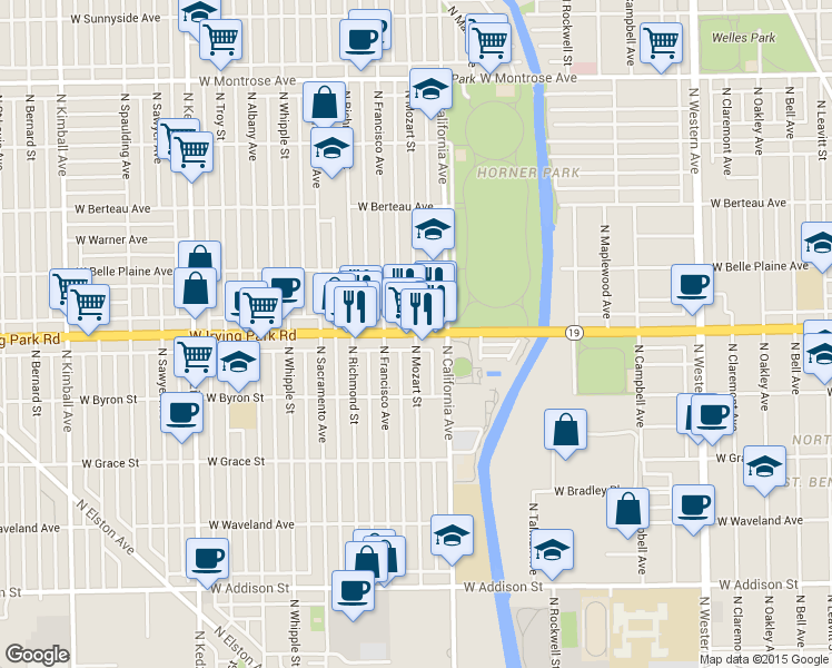 map of restaurants, bars, coffee shops, grocery stores, and more near West Irving Park Road & North Mozart Street in Chicago