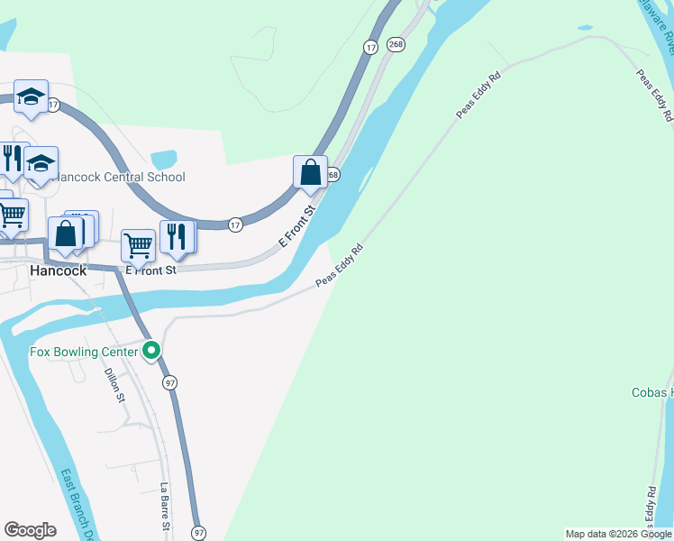 map of restaurants, bars, coffee shops, grocery stores, and more near 8 Peas Eddy Rd in Hancock