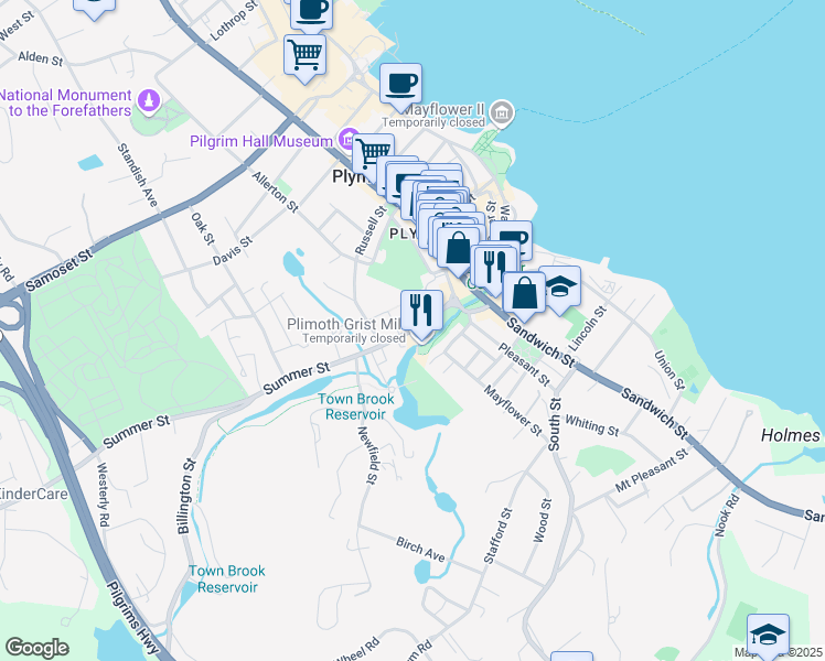 map of restaurants, bars, coffee shops, grocery stores, and more near 42 Summer Street in Plymouth