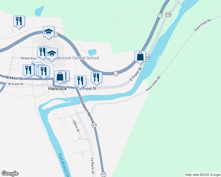 map of restaurants, bars, coffee shops, grocery stores, and more near 460 East Front Street in Hancock