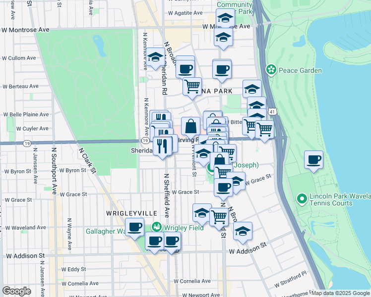 map of restaurants, bars, coffee shops, grocery stores, and more near 910 West Dakin Street in Chicago