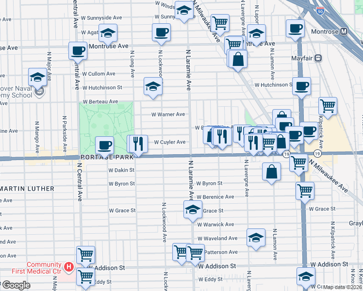 map of restaurants, bars, coffee shops, grocery stores, and more near 5206 Irving Park Road in Chicago