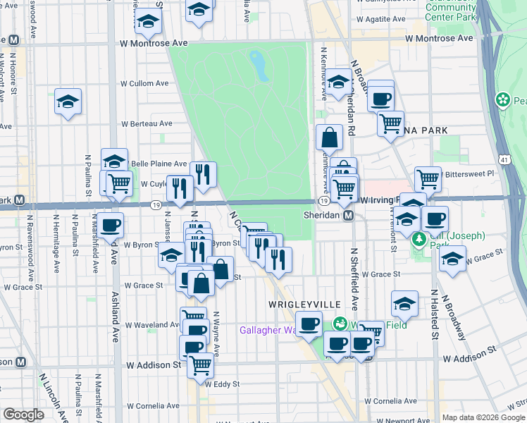 map of restaurants, bars, coffee shops, grocery stores, and more near 3931 North Clark Street in Chicago