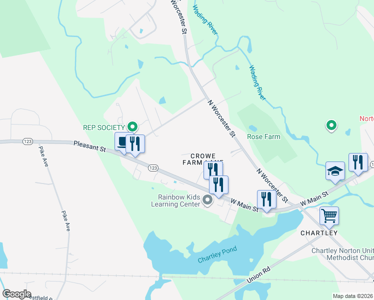 map of restaurants, bars, coffee shops, grocery stores, and more near 10 Crowe Farm Lane in Norton